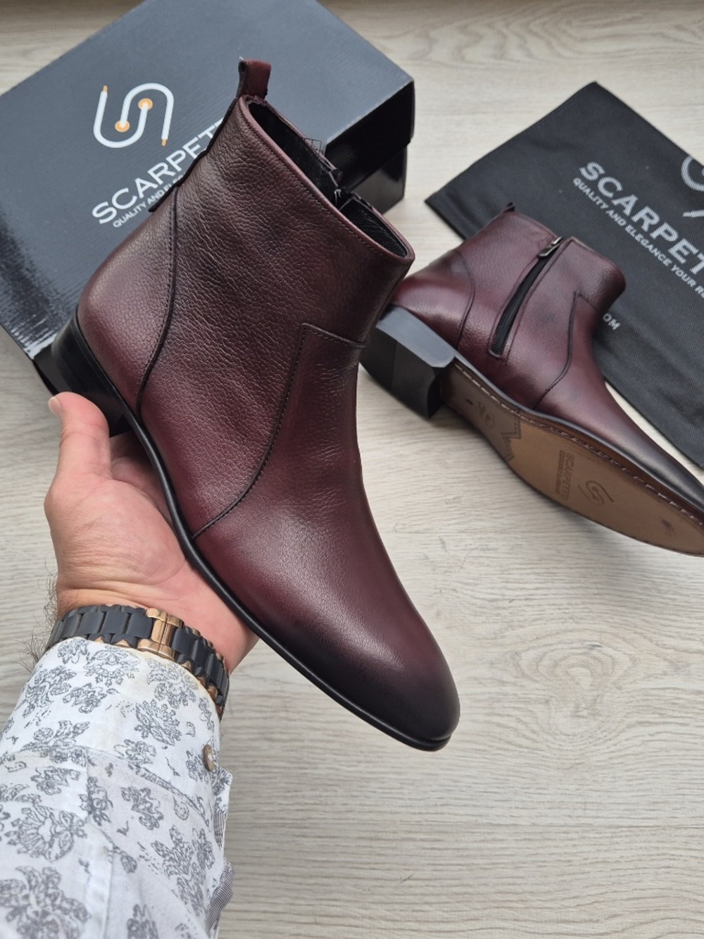 Burgundy Leather Chelsea Boots: Pebbled Grain, Pointed Toe, Slip-On Style - Picture 2 of 5